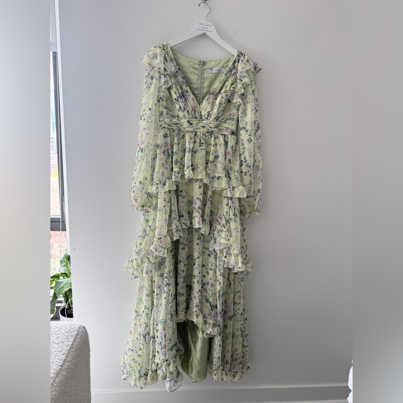 MAC DUGGAL Green Floral Chiffon Tiered Ruffle Dress 6 - Picture 10 of 16